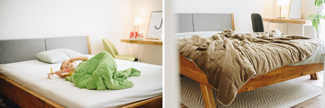Dva obrázky, jeden zobrazuje dieťa na posteli prikryté funkčnou záťažovou prikrývkou v tlmenej zelenej farbe, druhý na posteli položenú prikrývku pre dospelých vo farbe hnedej.